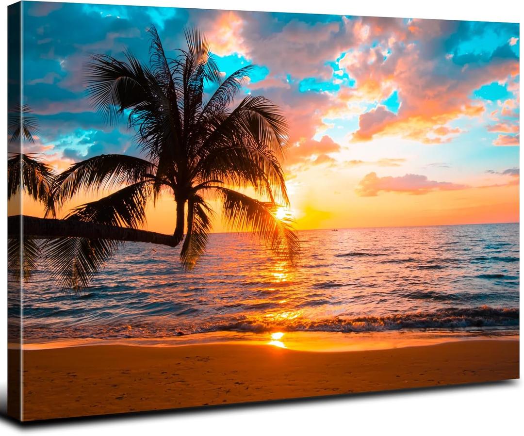Sunset Ocean Wall Art Tropical Palm Tree Canvas Picture for Living Room Bedroom Coastal Beach Landscape Wall Decor Bathroom Nature Sea Waves Poster Seascape Artwork Home Bedroom Decoration 32x48