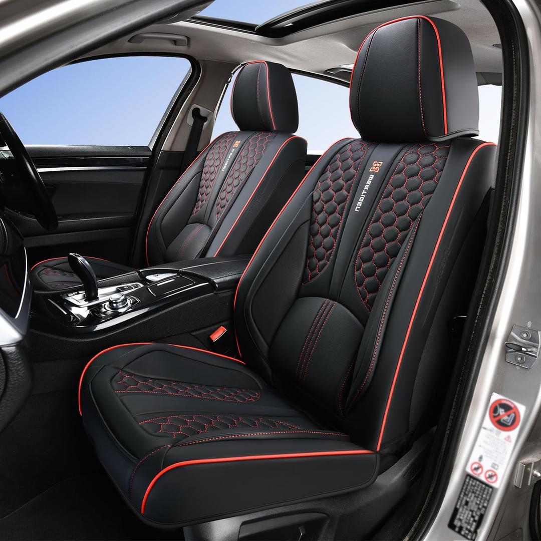 Black and Red Leather Car Seat Cover Set, with Lumbar Support