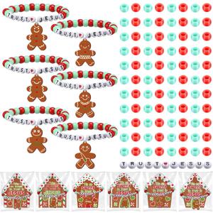 24 Set Gingerbread Man Bead Bracelet Crafts Gifts Kit with Gingerbread House Cards and Bags Religious Christmas Party Favors Jesus Wristband Crafts for Christmas Stocking Stuffers Church Gifts