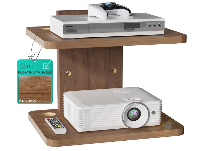 WALI Floating TV Shelf, 2 Tier Projector Shelf for DVD Players, Routers, Game Consoles, Cable Boxes, Living Room Decor Accessories, Wall Mount Shelves Holds Up to 22lbs (CS202N), 2Shelf, Walnut Brown