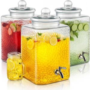  Pack 5 Gallon Glass Water Drink Dispenser for Party, Hammered Glass Beverage Dispenser, Water Jug Container with Stainless Steel Spigot for Parties, Weddings, Catering, Lemonade, Iced Tea