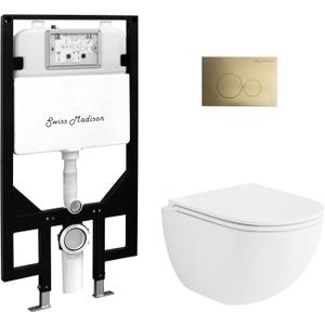 Swiss Madison St. Tropez Wall-Hung Toilet Bundle 0.8/1.6 GPF Dual Flush in Glossy White with Brass Flush Plate
