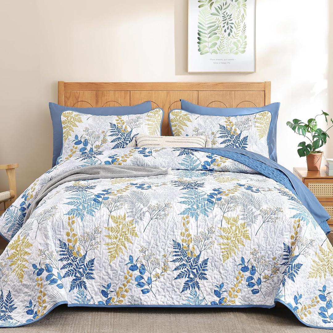 WONGS BEDDING Navy Blue Quilt Queen Size, Botanical Bedspread with Leaves Pattern 3 Pieces Lightweight Microfiber Reversible Coverlet Home Decor for All Seasons 96"x90"