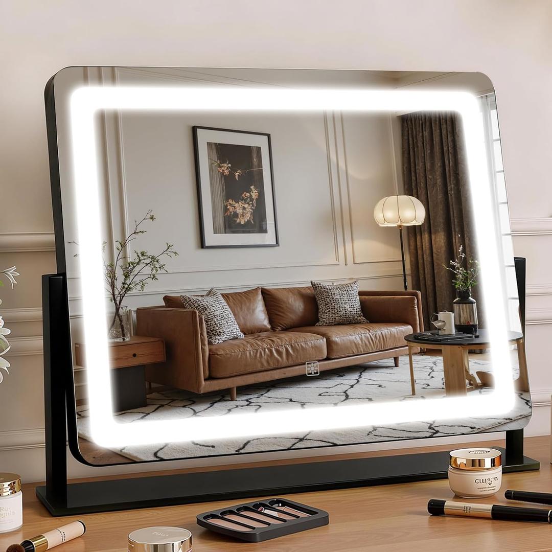 Vanity Mirror with Lights 22"×17", Large LED Makeup Mirror with Light, Smart Touch with 3-Color Lighting, Dimmable, 360° Rotation, Desk Mirror, Vanity Mirror Tabletop (Black)