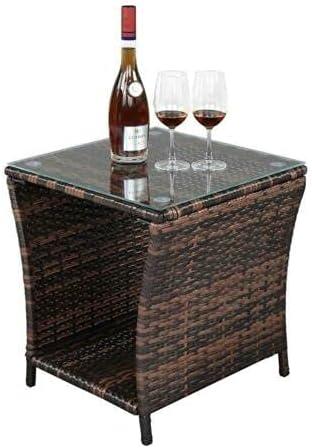 Brown Gradient Wicker Rattan - Side Tea Table with Glass - Patio Outdoor Furniture #CTGN61