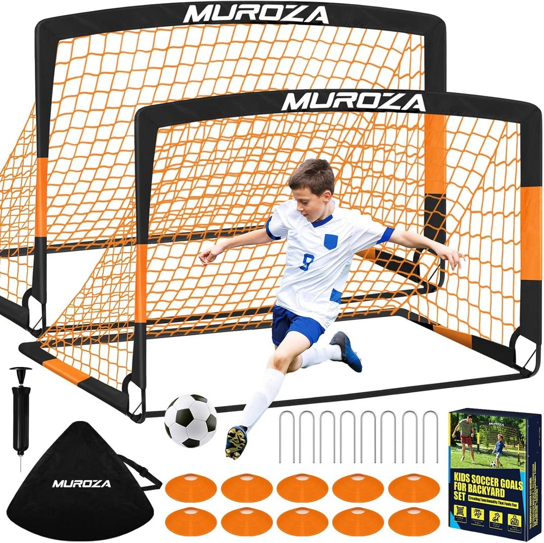 Kids Soccer Goals for Backyard Set, 2 Pack of Portable Pop Up Soccer Nets with Soccer Ball, Cones, Complete Training Equipment for Youth, Toddler Outdoor Sports Games (Black Orange)