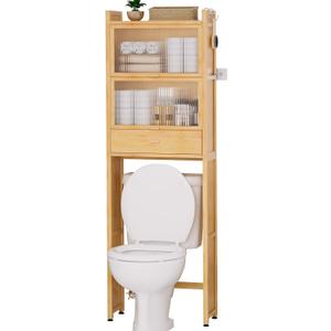 Over The Toilet Storage Cabinet with Drawer and Flip Door, Bamboo Bathroom Organizer Shelf with Anti-Tip Design and Waterproof Feet Pad, Freestanding Rack Above WC Space Saver (Natural)
