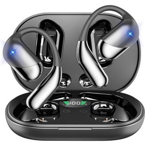 Open Ear Clip Wireless Earbuds Bone Conduction Headphones, Bluetooth 5.4, Open Ear Design, Built-in Mic, IPX7 Waterproof, LED Display Charging Case,Ear Hooks Ear Buds,Design for Running Fitness (Black)