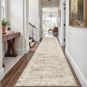 Runner Rug 2'6" x 14' Washable Non-Slip Runner Rugs for Kitchen Bathroom Laundry Room Vintage Ultra Thin Runners for Hallway Entryway Brown