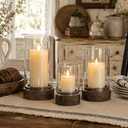 Hewory Hurricane Glass Candle Holder : Set of 3 Rustic Brown Candle Holders for Pillar Candles, Vintage Decorative Wood Stand with Clear Glass for Weddings,Christmas,Table Centerpiece,Home Decor