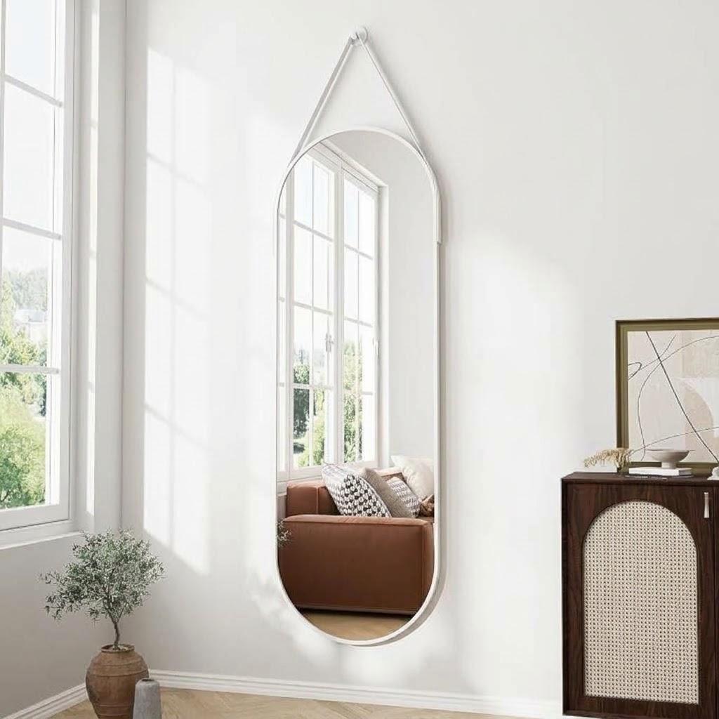 Full Length Mirror Wall Mounted, 48"x16" Oval Hanging Mirror (Black) Leather Strap, Aluminum Alloy Frame, Tempering&Shatter-Proof Glass, Adjustable Height, Home Decor for Bedroom, Cloakroom, Size: 48"L x 16"W