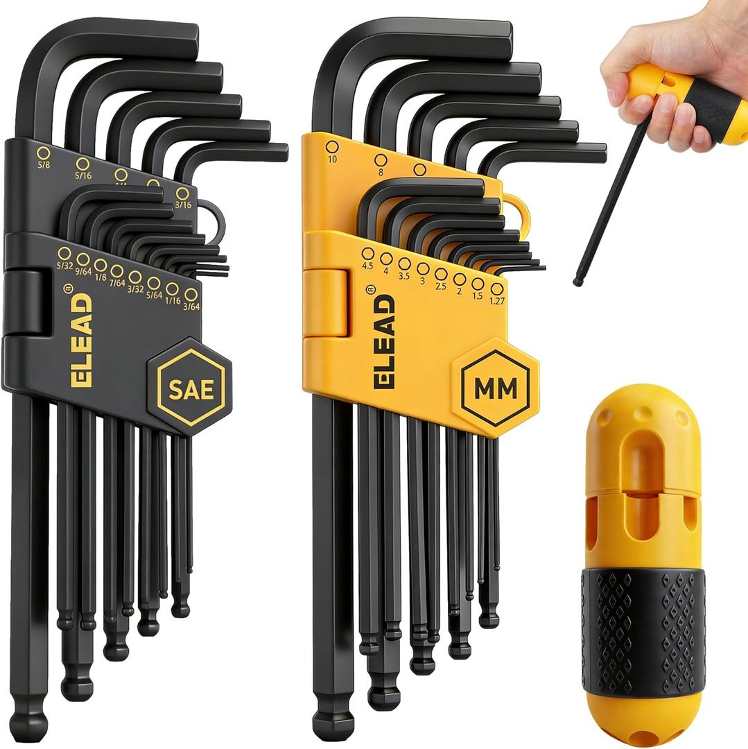 ELEAD Hex Key Allen Wrench Set: 27-Piece Premium MM(1.27mm-10mm) & SAE(3/64"-3/8) Allen Key Set with Grip Handle, Long and Short Arm with Ball End, Organized Storage