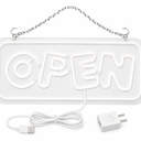 16 x 8 Inch LED Neon Open Sign, Matte Black Base with Italic Blue and White Open Letters, Business Storefront Sign