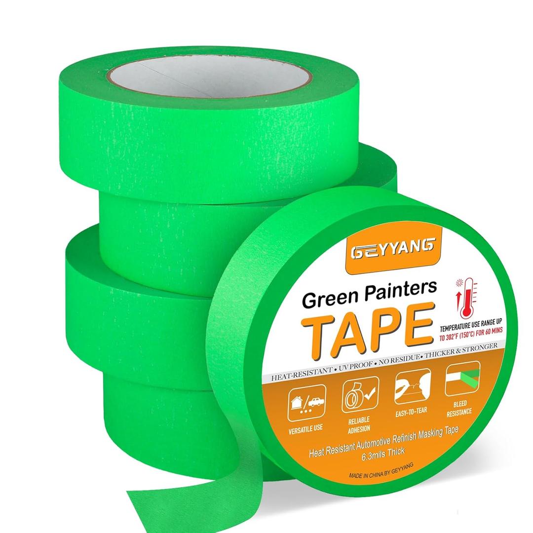 GEYYANG Automotive Masking Tape - Heat Resistant Green Painters Tape for Auto Body Spray Painting, Multi-Surface Painters Tape for DIY, Labeling, Art, Car, 1.41 inch x 55 Yards, 5 Rolls