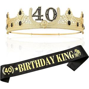 40th Birthday Crown and Sash, Party Decoration for Men (Gold)