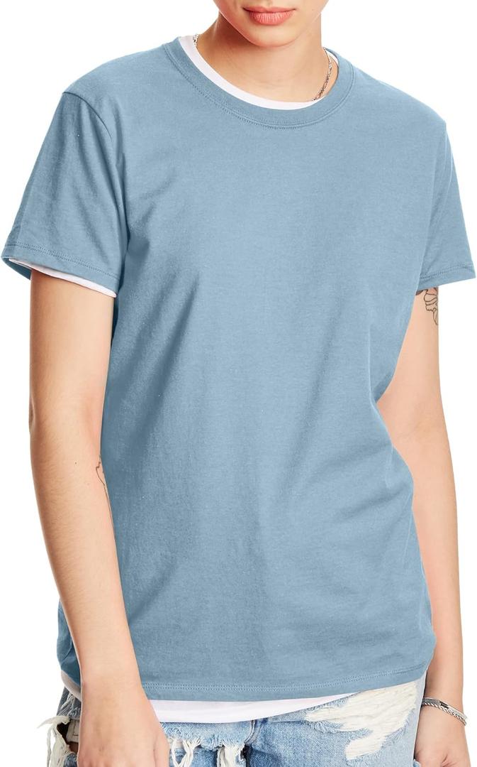 Hanes Women's Perfect-T Crewneck T-Shirt, Lightweight Cotton Short Sleeve Tee for Women (Blue, S)
