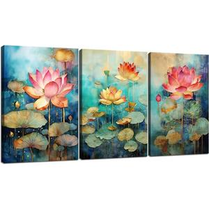 Flower Canvas Wall Art Colorful Floral Picture for Bathroom Watercolor Blue Yellow Pink Wildflower Wall Decor Nature Scenery with Butterfly Painting Framed Artwork (16" W x 24" H x 3 Panels)