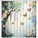 Floral Butterfly Shower Curtain Rustic Purple Weeping Wisteria Blossom Watercolor Flower Green Leaves Spring Garden Nature Scenery Bathroom Decor Polyester Curtains with Hooks,70Wx70L