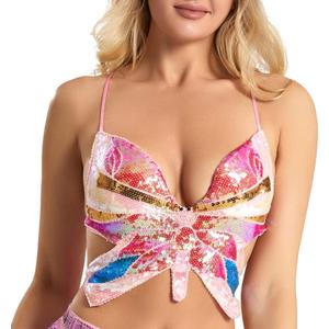Womens Sparkly Sequin Butterfly Crop Top Sparkly Glitter Bandage Tank Bra Tops Belly Dance (Pink)