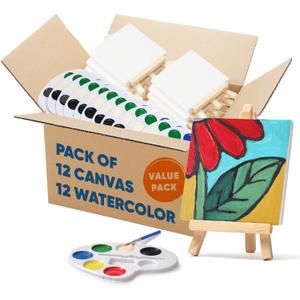 Mini Canvas and Easel Set with Watercolor Paint in Bulk Set of 12 - Kids Art Party Favors & Party Supplies - 4x4 Small Canvases for Painting with Easel - Water Colors Paint for Kids (Multicolor)