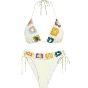 ZAFUL Women's Triangle Halter Bikini Set Crochet Boho Floral Swimsuit Cut Out Tie Side Two Piece Bathing Suit (Large, 1-beige)
