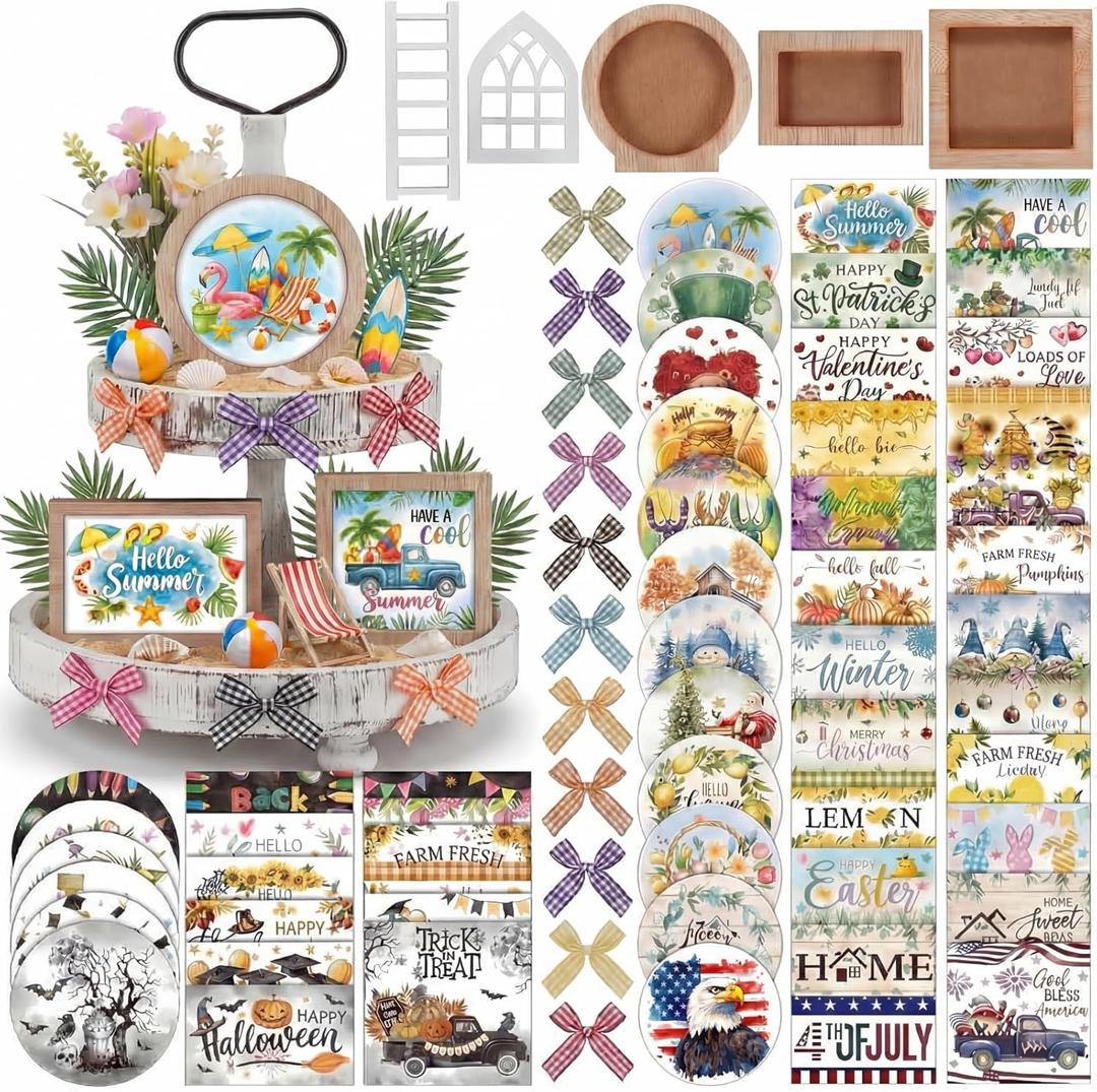 GlikCeil 95 Pcs Interchangeable All Season Tiered Tray Decor Set Farmhouse Holiday Decorations Wooden Frames Ladders with Season Cards Bows for Home Kitchen Valentine Easter Mardi Gras Spring Summer