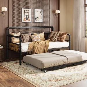 IDEALHOUSE Twin Daybed and Foldable Metal Trundle Bed, Metal Twin Bed Frame Heavy Duty Steel Slats Support,Sofa BedFrame for Living Room, Guest Room,Noise Free, Black