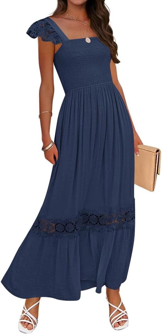 ZESICA Women's 2025 Summer Lace Strap Sleeveless Square Neck Smocked High Waist Ruffle Hollow Out Flowy A Line Maxi Dress (Medium)