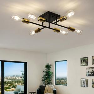 6-Lights Semi Flush Mount Ceiling Light Fixture, Matte Black and Golden, Modern Sputnik Close to Ceiling Light with E26 Base, Chandelier Light for Bedroom Kitchen Living Room Dining Room
