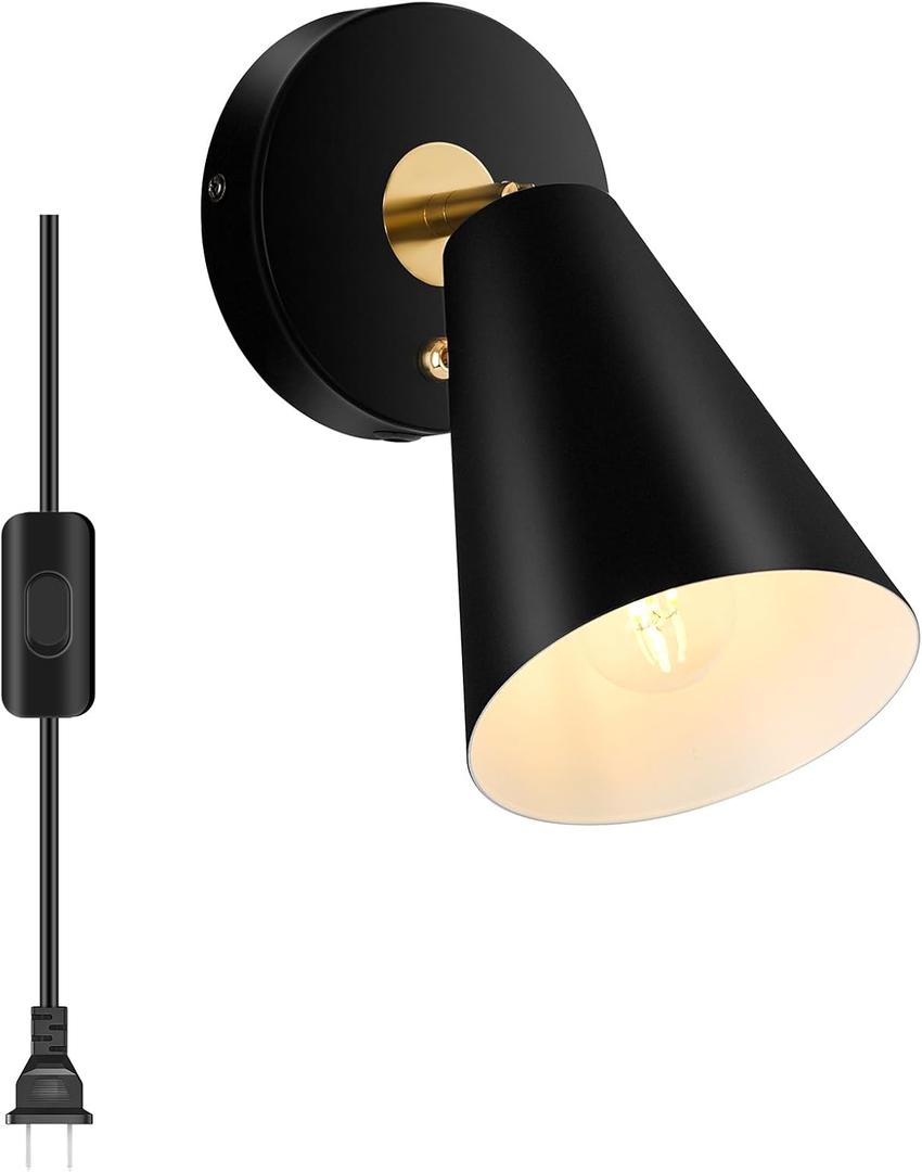 Plug in Wall Sconces with Metal Shade, Wall Lights for Bedroom, Living Room, Sconces Wall Lighting with Plug in Cord, Wall Lamp with On Off Switch (Matte Black)