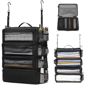 ToMiss Hanging Suitcase Organizer, Travel Essentials Carry-on Collapsible Packing Cubes for Travel, Stow-N-Go Portable Hanging Closet Organizer Shelves Luggage Bag, Medium, Black