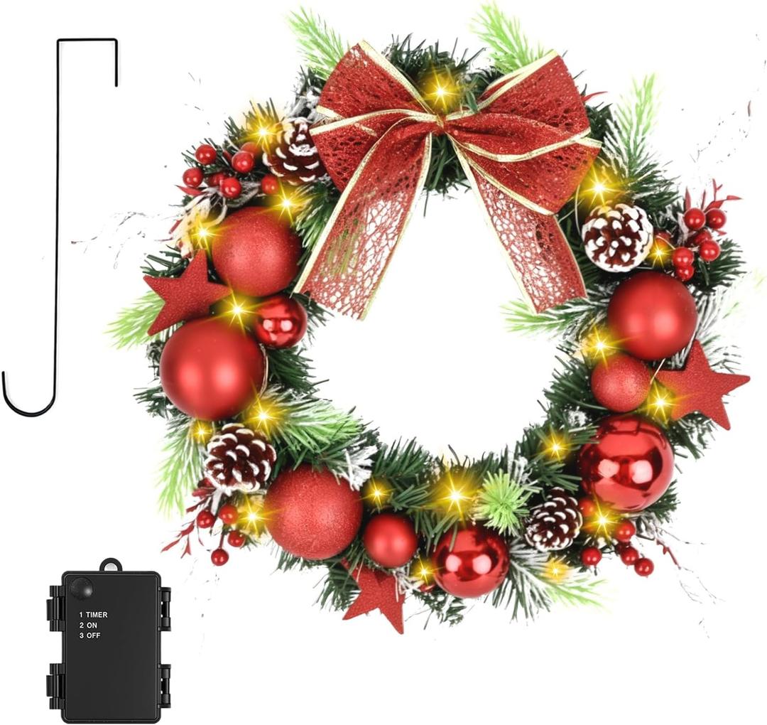 16 Inchs Christmas Wreath, Pre-Lit Artificial Christmas Door Wreath with Timer & Hanger, 50LED Warm Lights, Decor with Bowknot & Red Ball Star Berries ect., for Door & Window & Fireplace