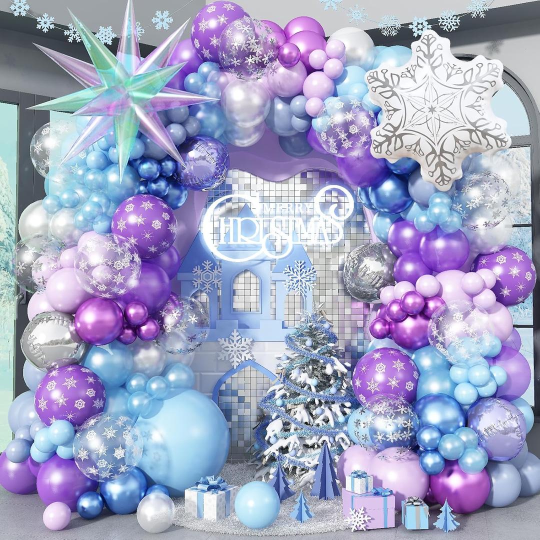 Winter Snowflake Balloons Arch Garland Kit, 115Pcs Winter Wonderland Balloon, Blue Purple Silver Clear Snowflake Foil Balloon for Christmas Xmas Ice Snow Princess Theme Baby Shower Birthday Decoration