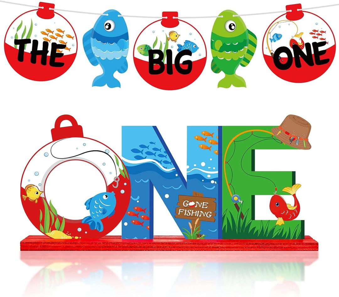 2 Pcs Ofishally One Birthday Decorations Fishing Table Wooden Centerpiece and Gone Fish Banner Summer Fishing Theme Party Supplies 1st Birthday Baby Shower Photo Props Decor
