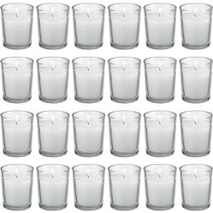 Flamecan 24 Pack Clear Glass Filled White Votive Candles. Unscented Votive Candles for Home Decor Spa Weddings Birthdays Holidays Party