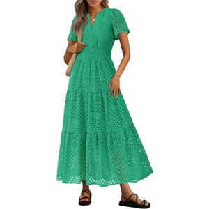 PRETTYGARDEN Womens 2026 Summer Maxi Dress Short Sleeve V Neck Hollow Out Eyelet A Line Long Flowy Beach Vacation Dresses (Green, XX-Large)