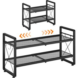 ELYKEN Shoe Rack, 2-Tier Expandable Shoe Organizer for Entryway, Metal Black Shoe Shelf with 4 Hooks, Ajustable Shoe Stand Holder for Closet, Garage, Door Entrance
