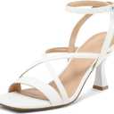 mysoft Women's Strappy Stiletto Heels Open Square Toe Ankle Strap Dress Shoes 3 Inch Kitten Heeled Sandals (8, Cross-white Pu)