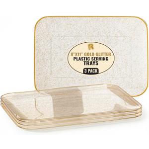 3 Pack Gold Glitter Plastic Serving Trays for Party - Gold Glittered Serving Tray 8 x 11 Inch - Heavy Duty Dessert Trays for Food - Rectangular Party Serving Trays for Entertaining