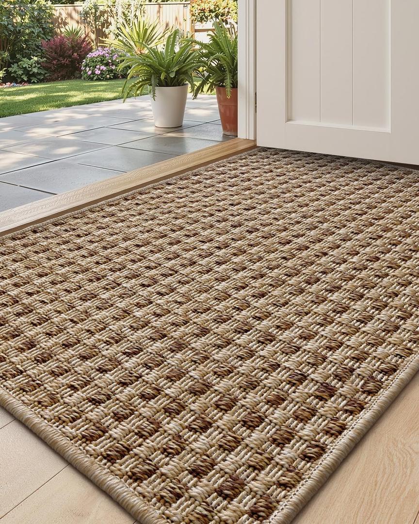 DEXI Dirt Trapper Door Mat, 24x39 Washable Doormat, Dirt Resistant and Absorbent, Easy Clean Low-Profile Floor Rugs for Entryway, Front Door, and Inside Entrance, Checkered Beige