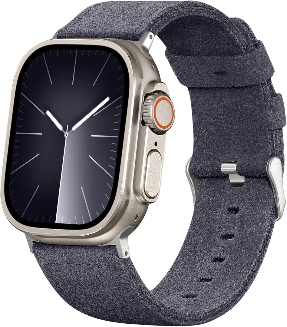 2 x Bandsie Leather Band Compatible with Apple Watch Ultra 3/Ultra 2/Ultra Band 49mm 46mm 45mm 44mm 42mm for Men, Vintage Genuine Suede Leather Wristband Strap for iWatch Series 11 10 9 8 7 6 5 4 SE 3 2 1 (Charcoal Gray)