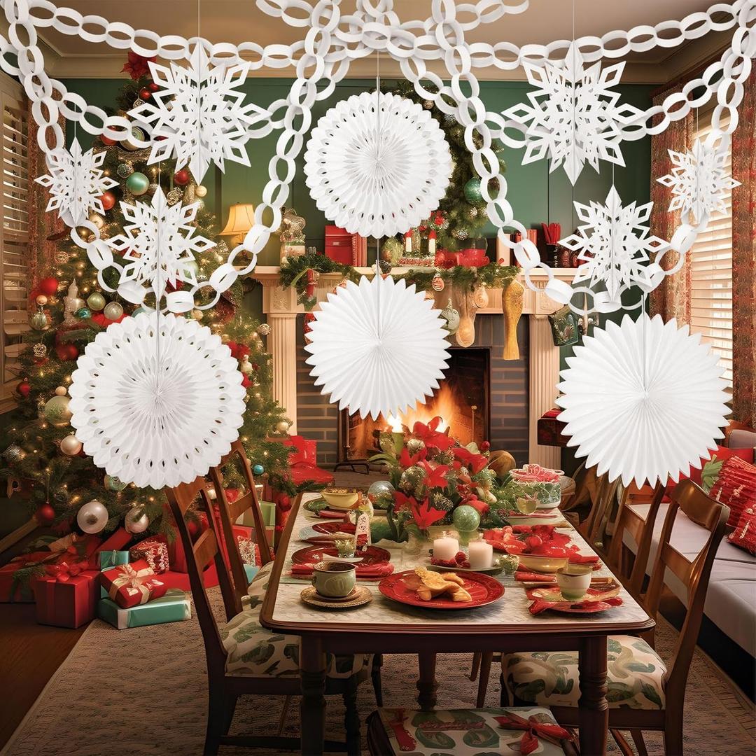 Watersay 250 Pcs Christmas Party Decorations Including 240 Sheets White Paper Chain Strips with 1 Roll Double Sided Tape, 6 Pcs 3D Paper Snowflake, 4 Fans for Elf Party Holiday Decorations