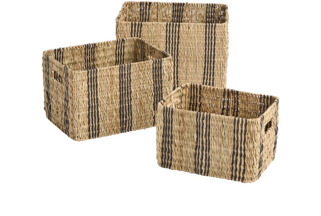 Riley Black and Natural Faux Rattan Striped Utility Basket