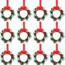 Crowye 12 Pcs Small Mini Christmas Cabinets Wreaths for Kitchen with Ribbon 10'' Hanging Artificial Green Leaves Decor Berry for Window Front Door Kitchen Wall Decor (Red)