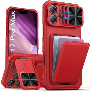 SSLOTSCASE for iPhone 17 Pro Max Case with Credit Card Holder & Stand & Slide Lens Cover & Kickstand, Multi-Functional Wallet Sturdy Protective Phone Case Cover for iPhone 17 Pro Max 6.9'' 2025, Red
