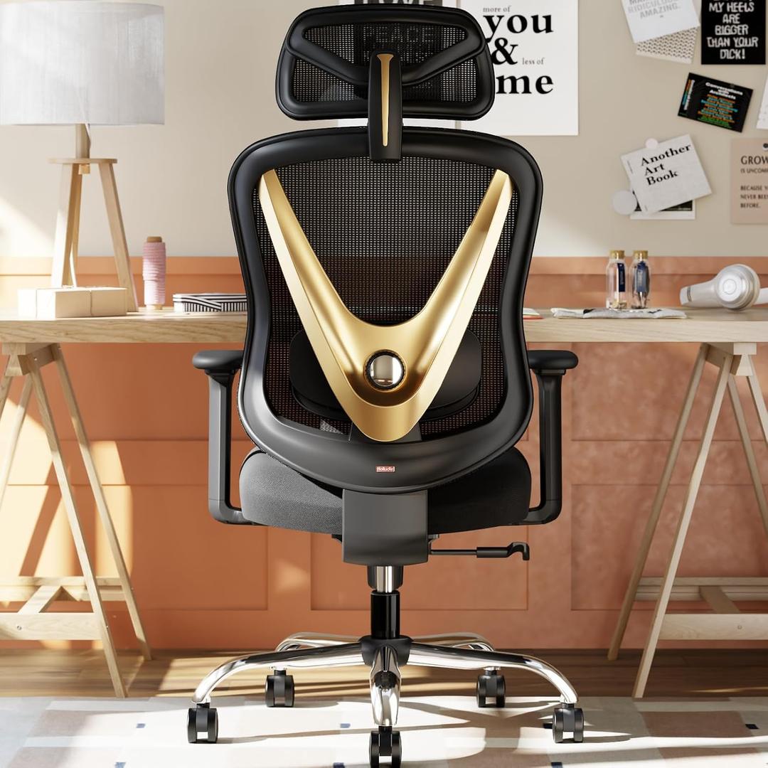 HOLLUDLE Ergonomic Mesh Office Chair - 3D Adjustable Lumbar Support & 3D Armrests, V-Shaped Back, Adjustable Desk Chair for Office & Home, Black and Gold, Medium