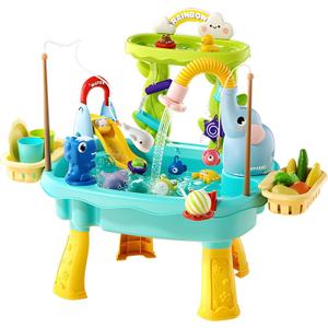 2027 Upgraded 4-in-1 Sand Water Table for Toddlers 1-3, Kids Sensory Table with Electric Water Pump & Elephant Faucet, Play Kitchen Sink with Food Accessories, Fishing Toy (Blue)