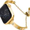 Stainless Steel Band Compatible with Apple Watch 38mm 40mm 41mm 42mm 44mm 45mm 46mm 49mm Pretty Luxury Strap with Sparkle Diamond, Dressy iWatch Bracelet, Bling Thin Band for Women (Gold)