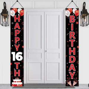 Red and Black 16th Birthday Decorations Door Banner for Women, Red Black Happy 16 Birthday Porch Sign Party Supplies, Sixteen Year Old Birthday Backdrop for Outdoor Indoor
