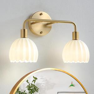 2-Light Gold Brass Bathroom Light Fixture,Wall Sconces,Brushed Gold Vanlity Light Over Mirror,Bathroom Vanity Light with Milk White Glass Flower Shade,E26 Socket (Bulbs Not Included)